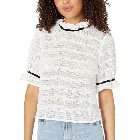 BCBGMaxazria Ruffle Mock Neck Short Sleeve Sheer Lace Blouse Top White Black - L - Picture 1 of 11